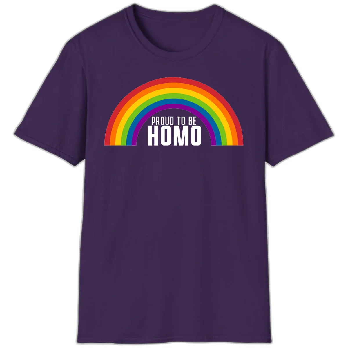 Proud to be homo design: rainbow arc in pride colors frames white text on gray background in Purple