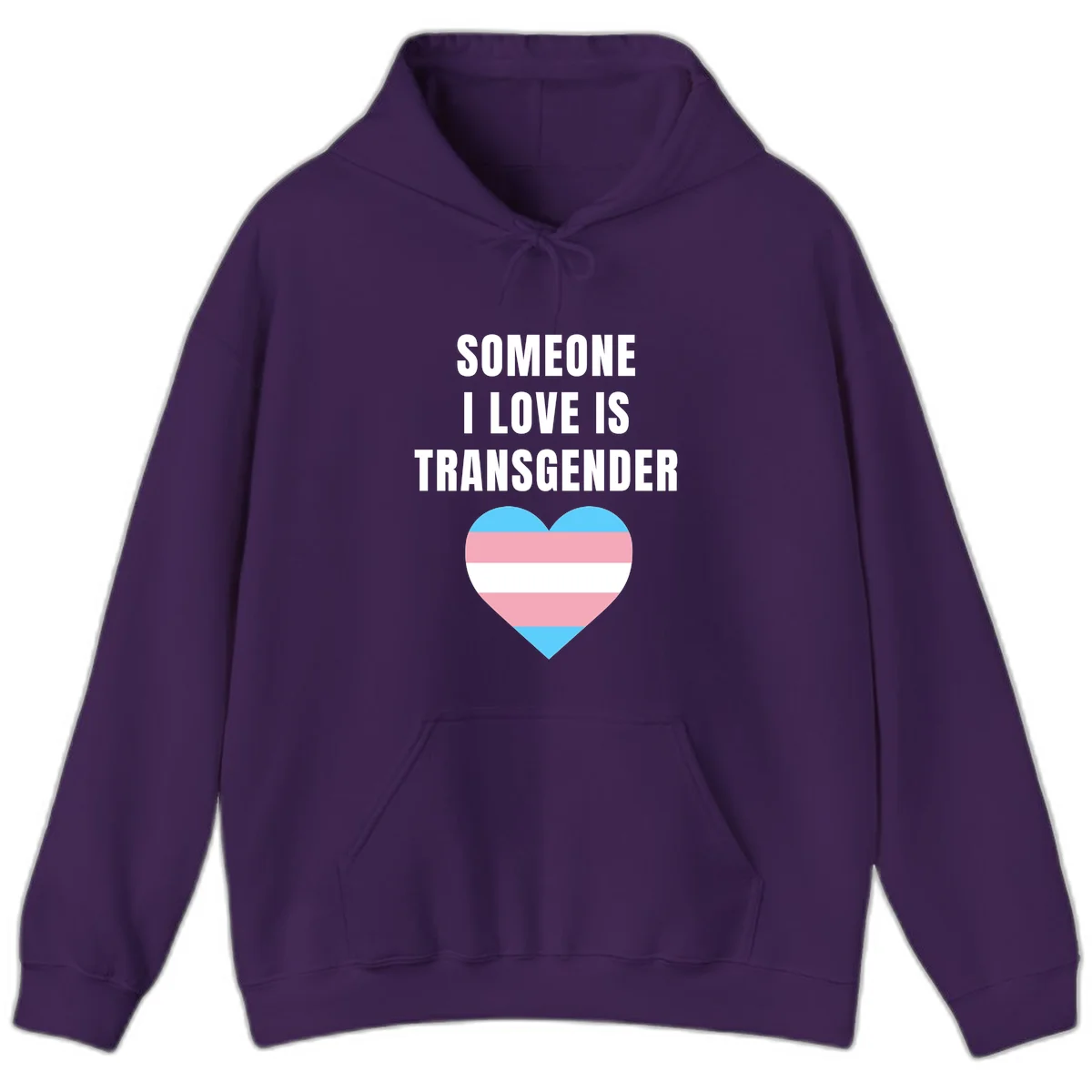 Gray background with white text reading 'Someone I Love Is Transgender' above a heart featuring blue, pink, and white transgender flag stripes in Purple