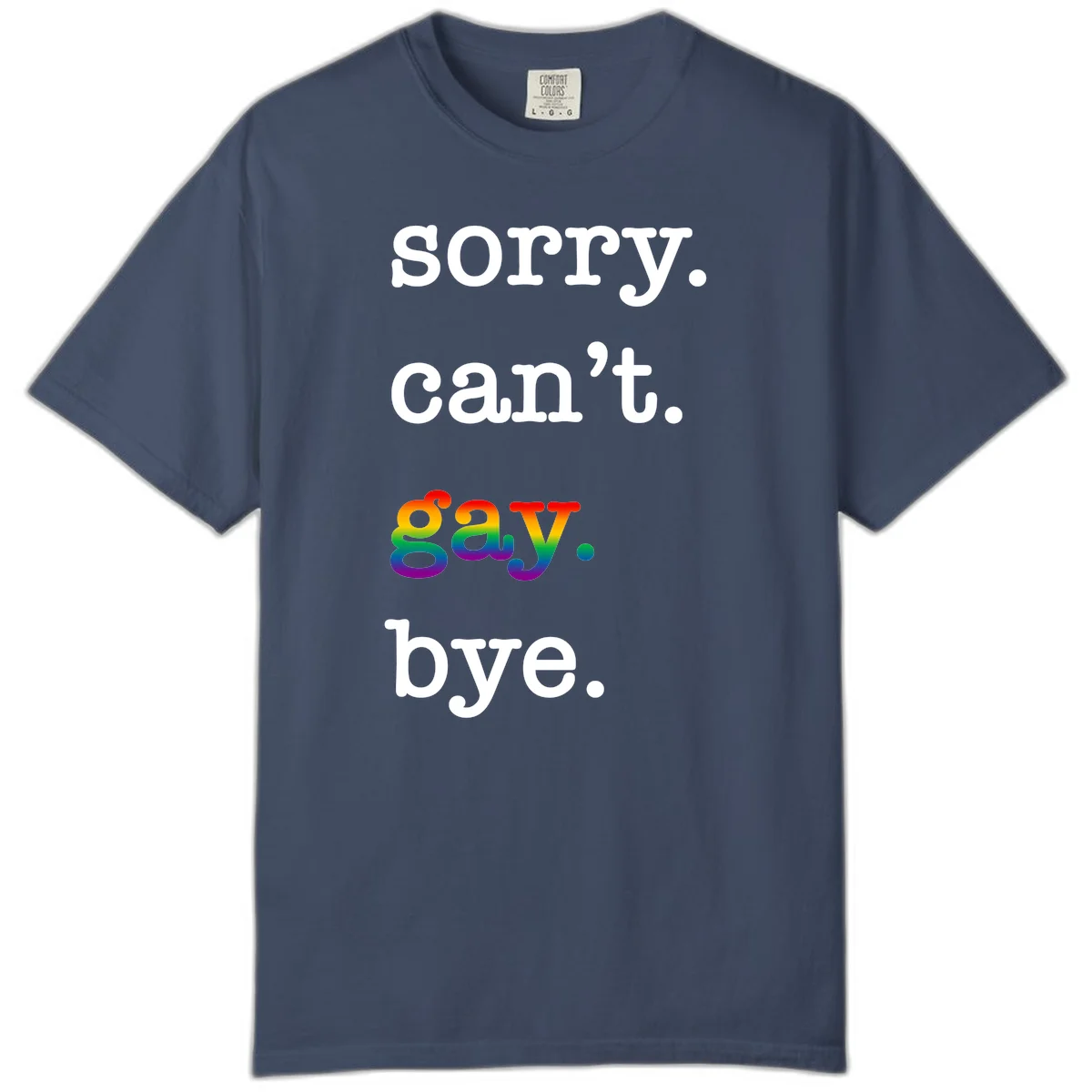 Gray background with white text reading 'Sorry can't say' and 'bye' with the word 'gay' in vibrant rainbow gradient colors, a playful pride celebration design. in Midnight