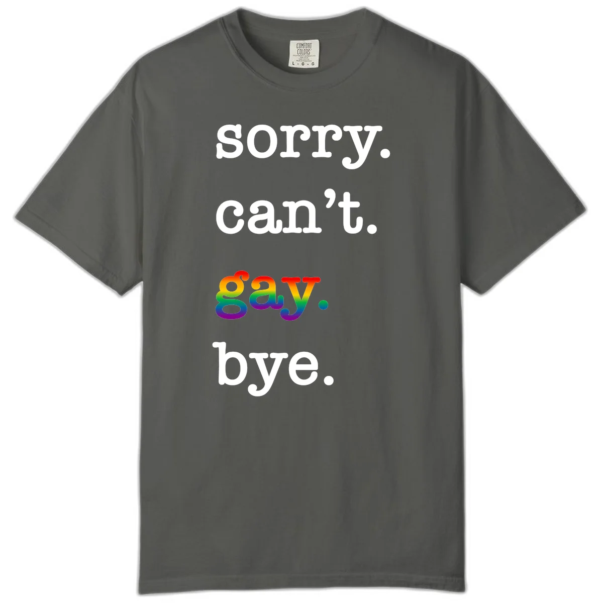Gray background with white text reading 'Sorry can't say' and 'bye' with the word 'gay' in vibrant rainbow gradient colors, a playful pride celebration design. in Pepper