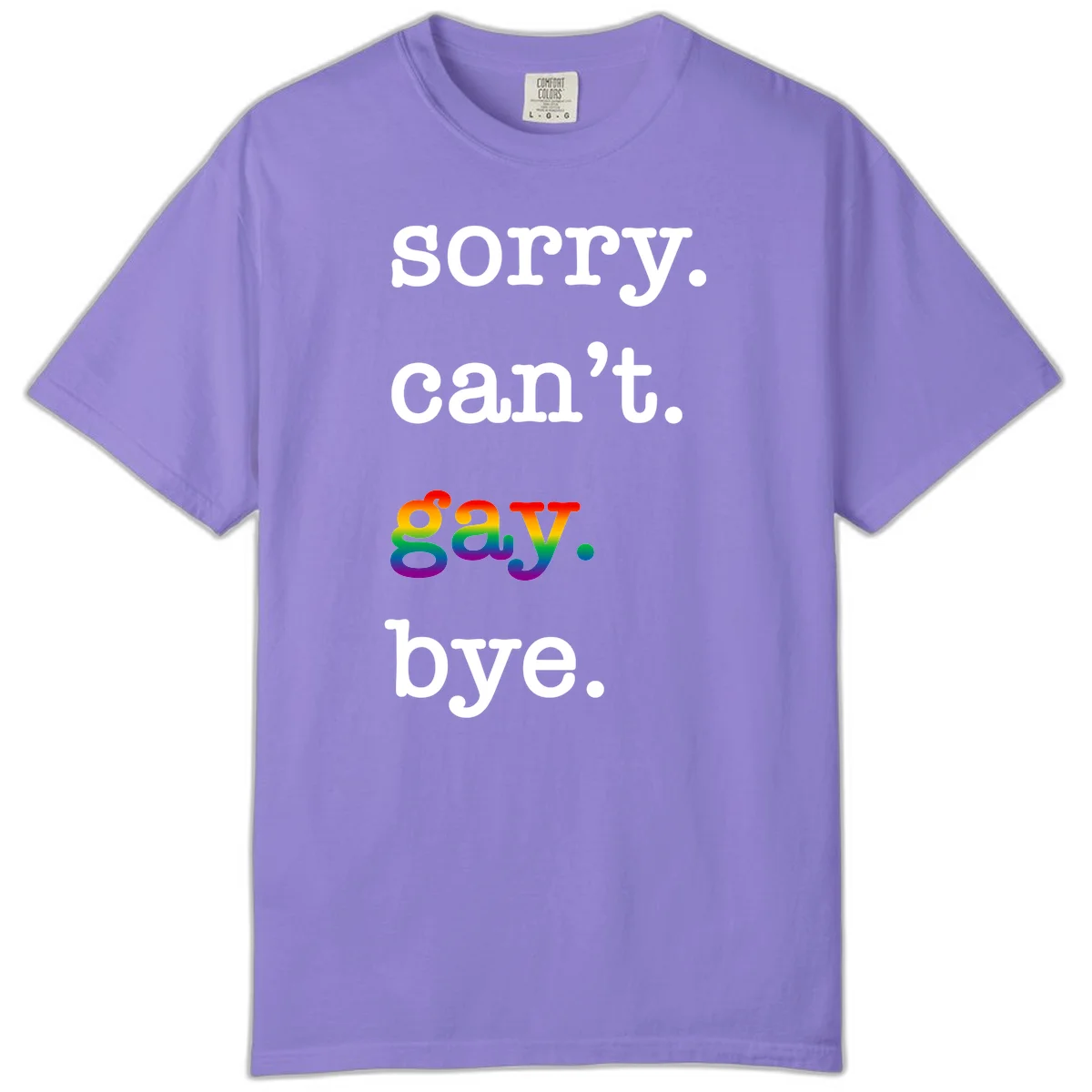 Gray background with white text reading 'Sorry can't say' and 'bye' with the word 'gay' in vibrant rainbow gradient colors, a playful pride celebration design. in Violet