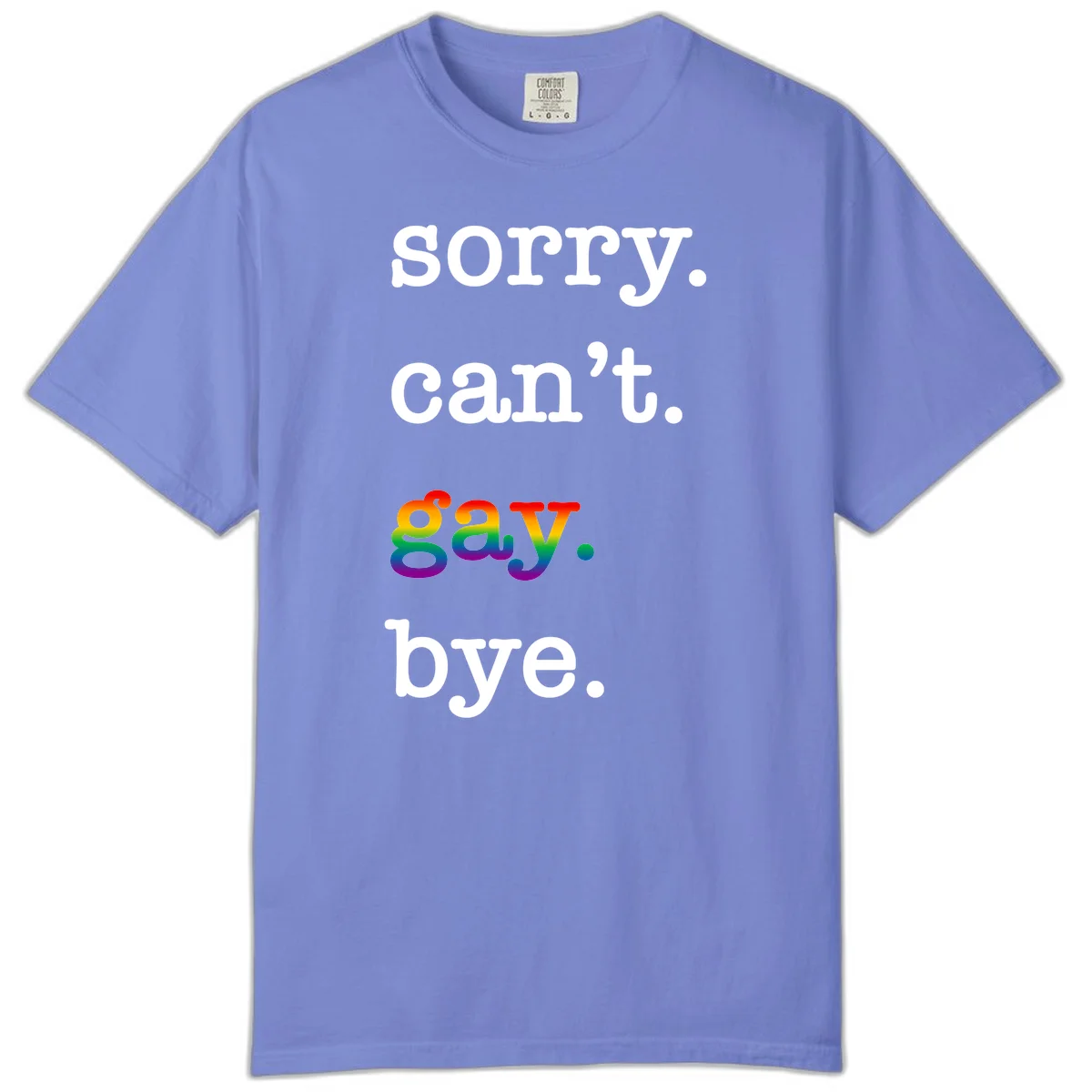 Gray background with white text reading 'Sorry can't say' and 'bye' with the word 'gay' in vibrant rainbow gradient colors, a playful pride celebration design. in Flo Blue