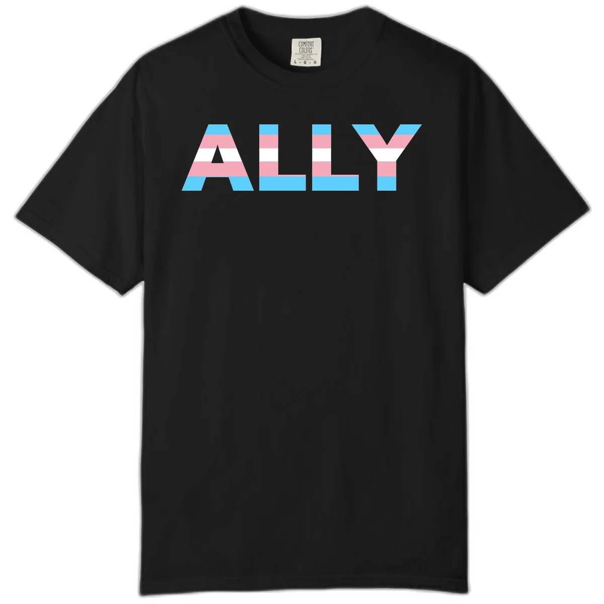 Trans pride flag colors in cyan, pink, and white horizontal stripes forming geometric letters spelling 'ALLY' in Black
