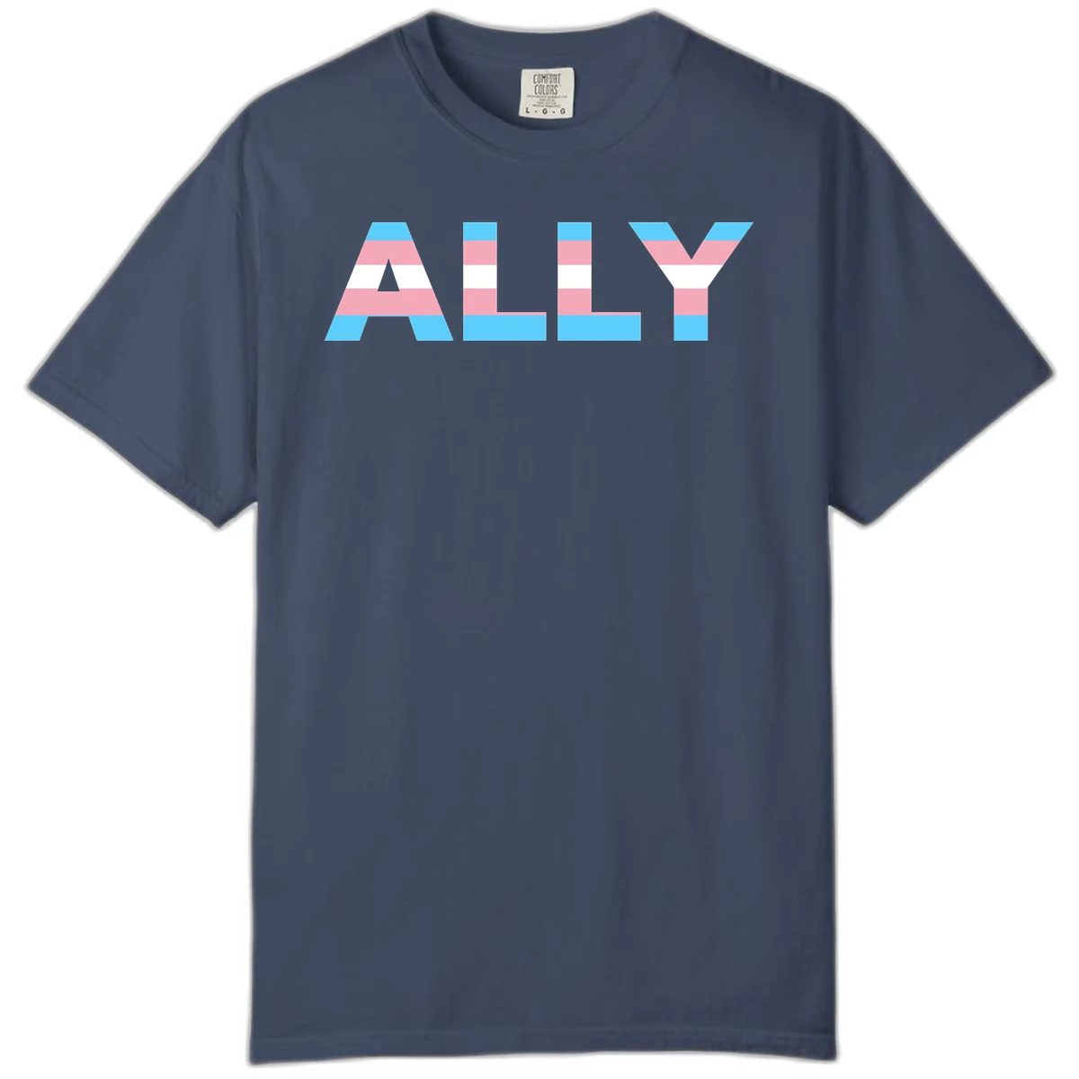 Trans pride flag colors in cyan, pink, and white horizontal stripes forming geometric letters spelling 'ALLY' in Midnight