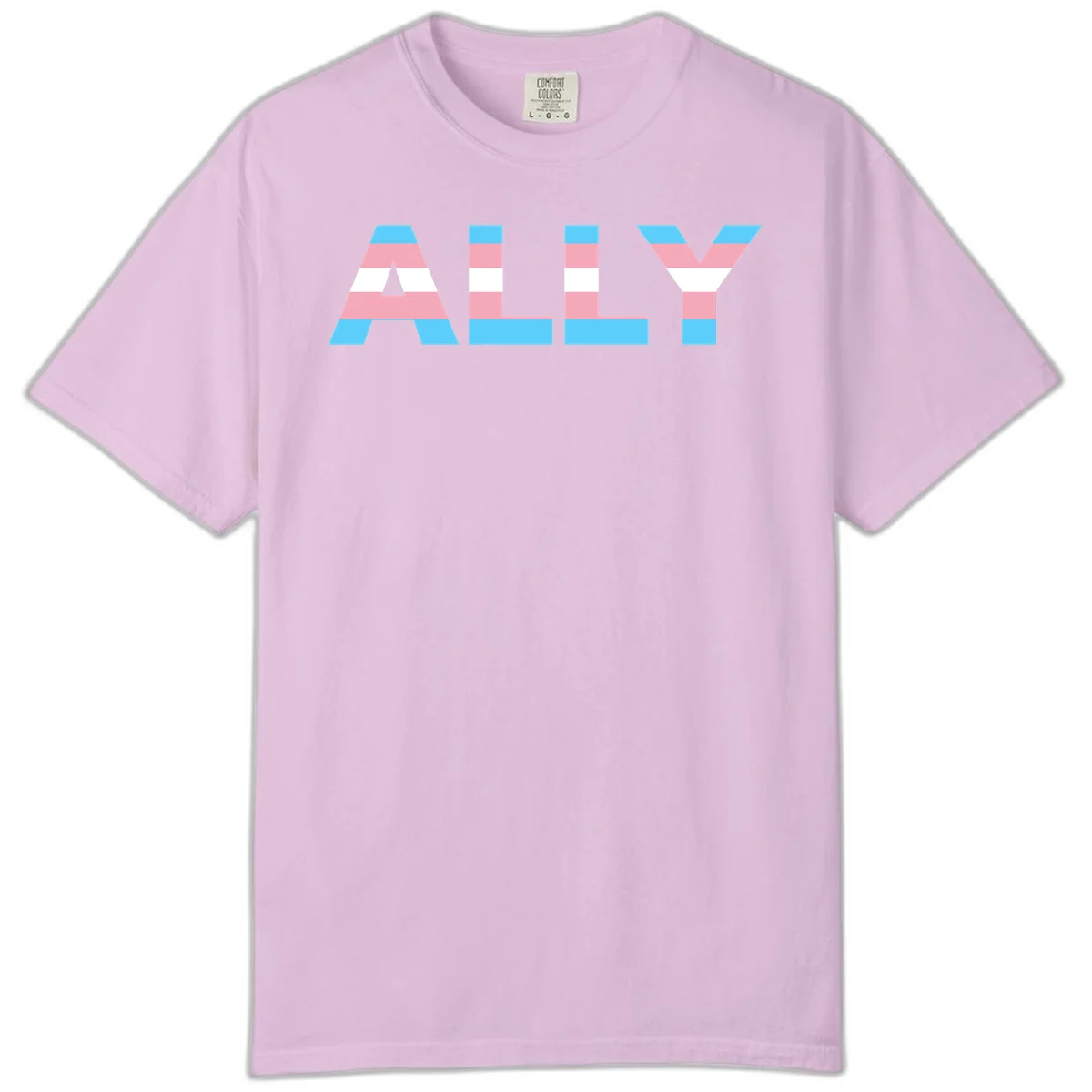 Trans pride flag colors in cyan, pink, and white horizontal stripes forming geometric letters spelling 'ALLY' in Orchid