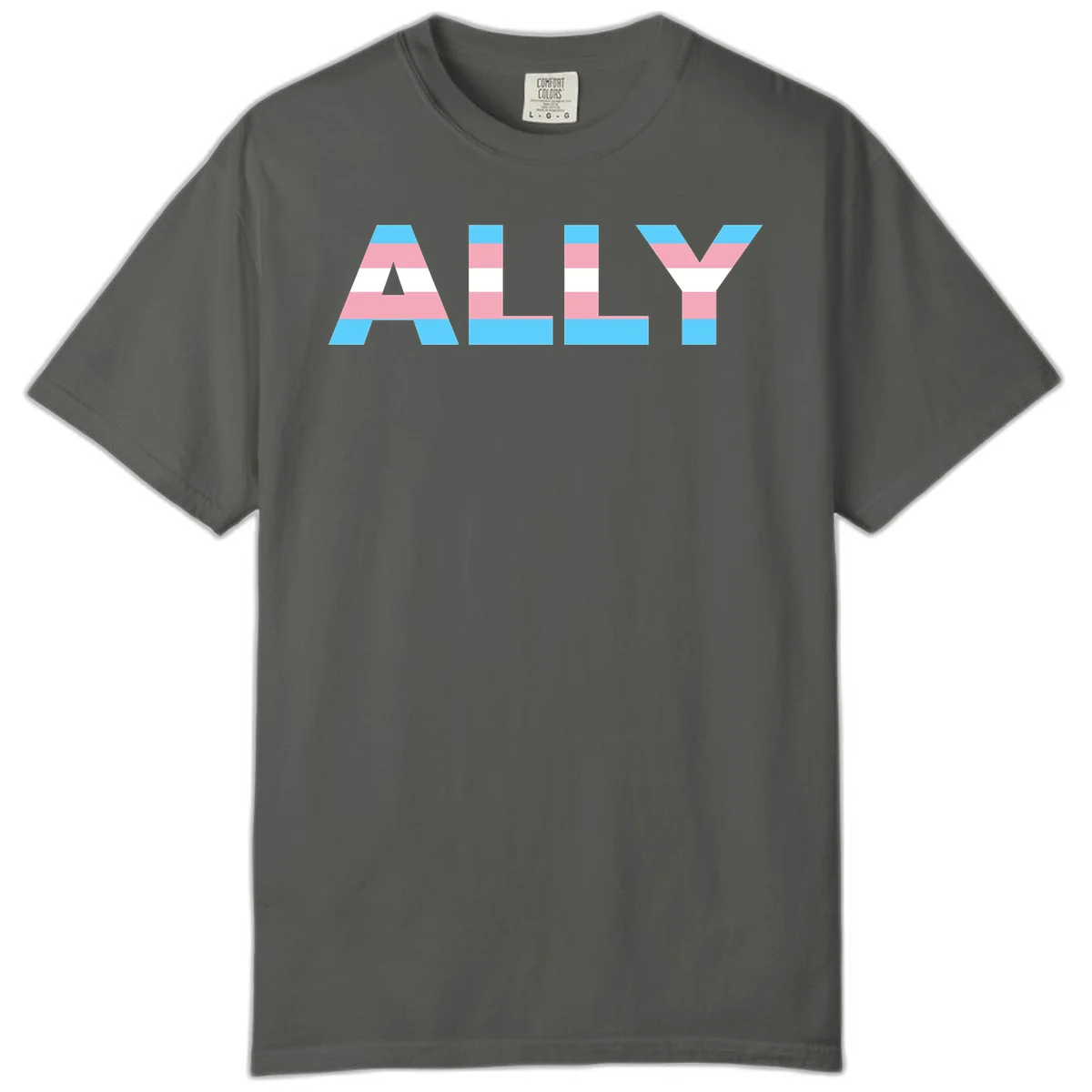 Trans pride flag colors in cyan, pink, and white horizontal stripes forming geometric letters spelling 'ALLY' in Pepper