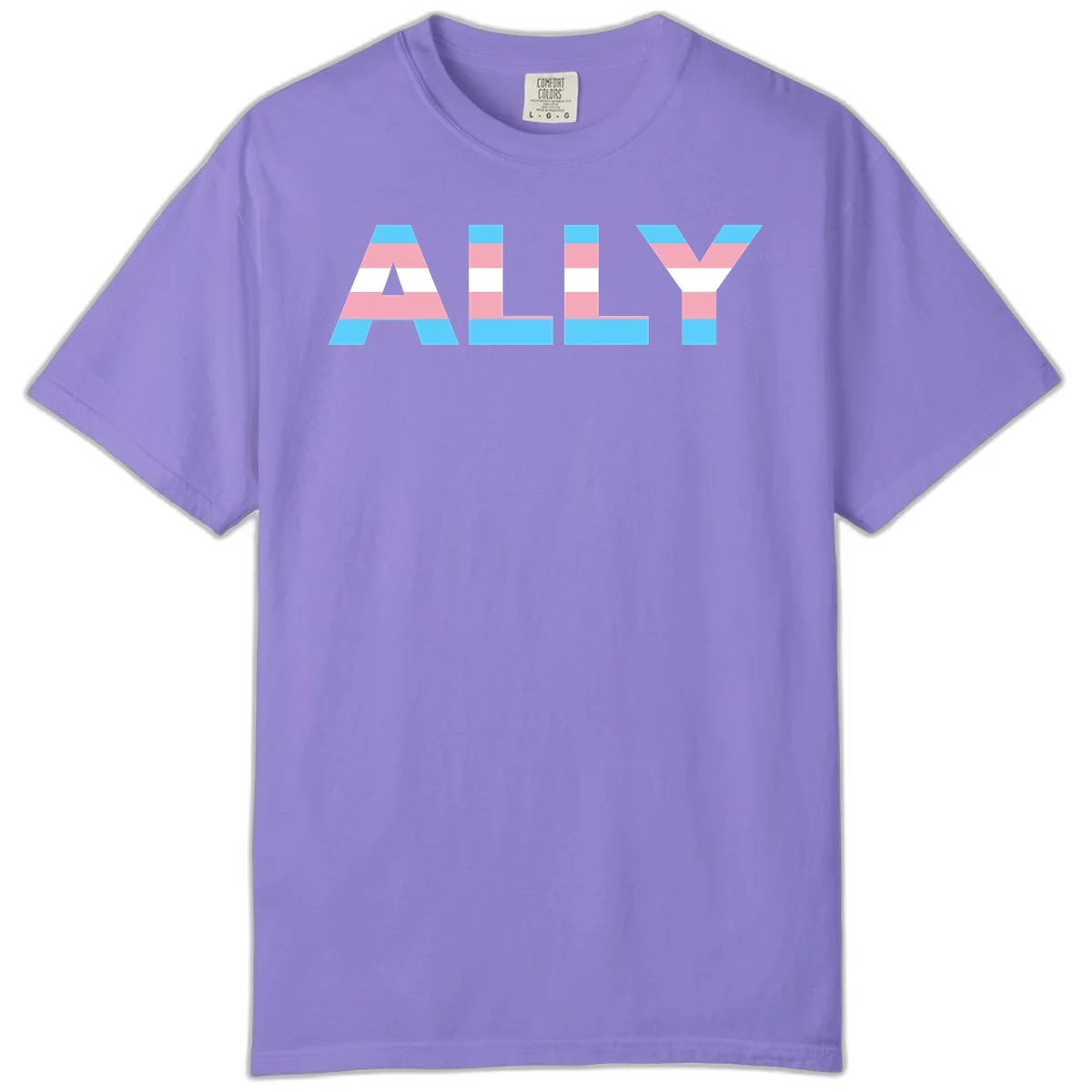 Trans pride flag colors in cyan, pink, and white horizontal stripes forming geometric letters spelling 'ALLY' in Violet