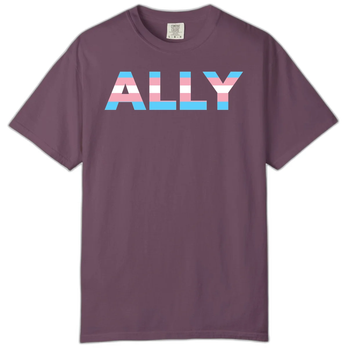 Trans pride flag colors in cyan, pink, and white horizontal stripes forming geometric letters spelling 'ALLY' in Berry