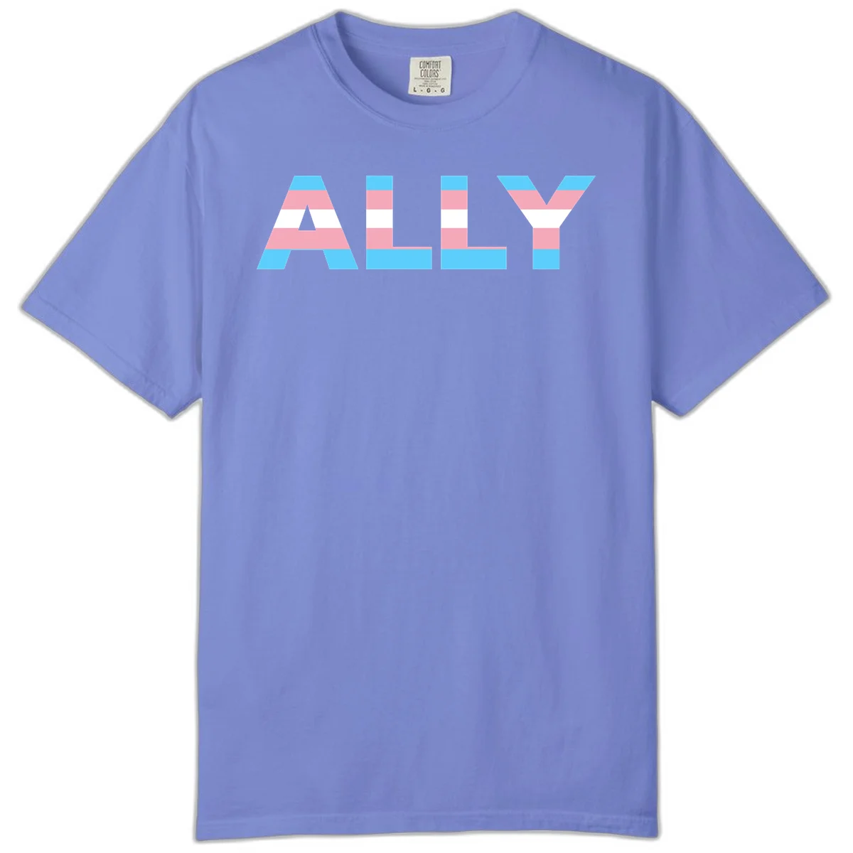 Trans pride flag colors in cyan, pink, and white horizontal stripes forming geometric letters spelling 'ALLY' in Flo Blue
