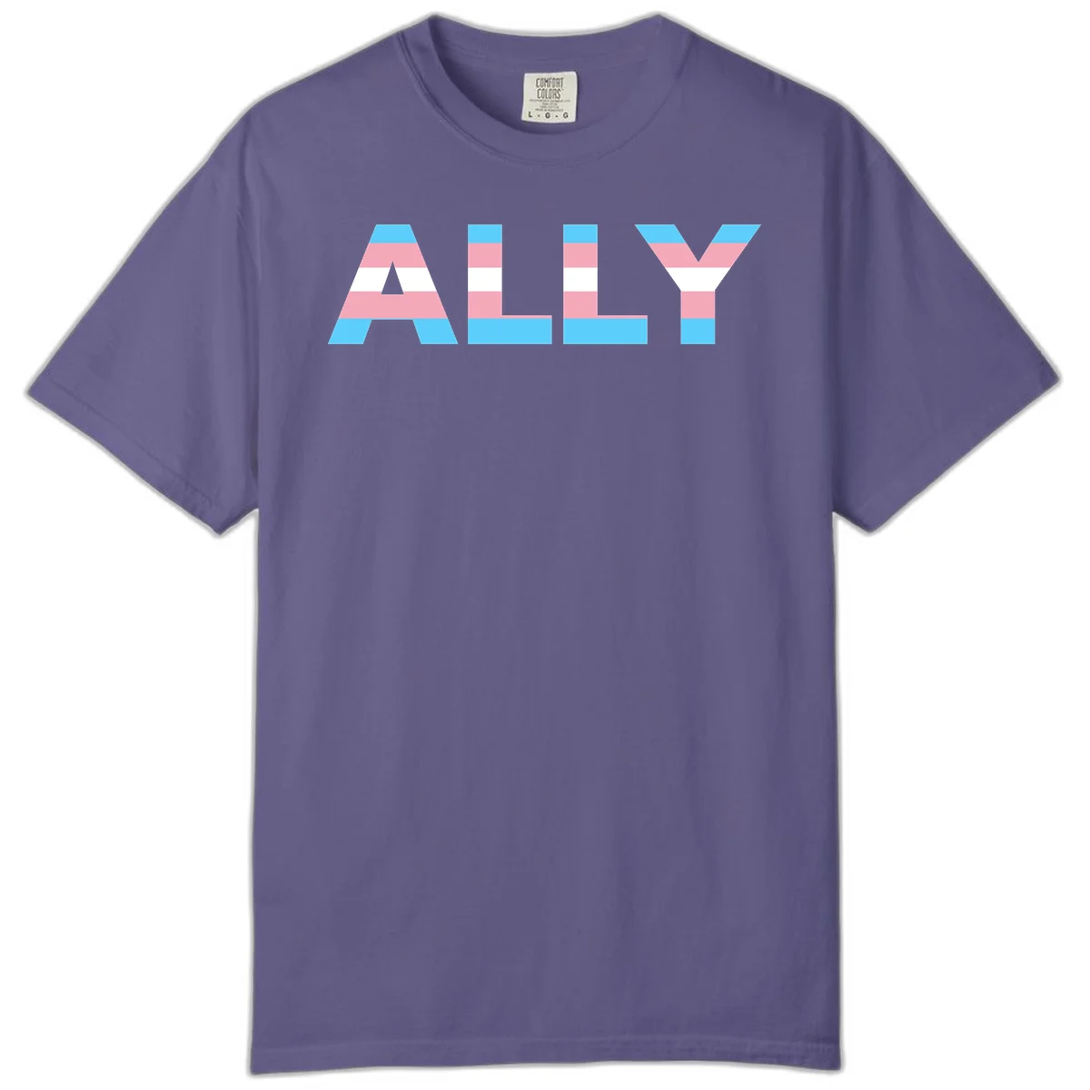 Trans pride flag colors in cyan, pink, and white horizontal stripes forming geometric letters spelling 'ALLY' in Grape