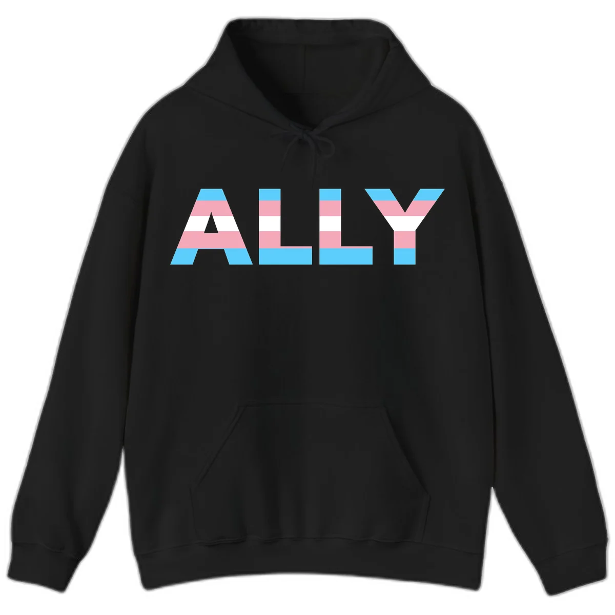 Trans pride flag colors in cyan, pink, and white horizontal stripes forming geometric letters spelling 'ALLY' in Black