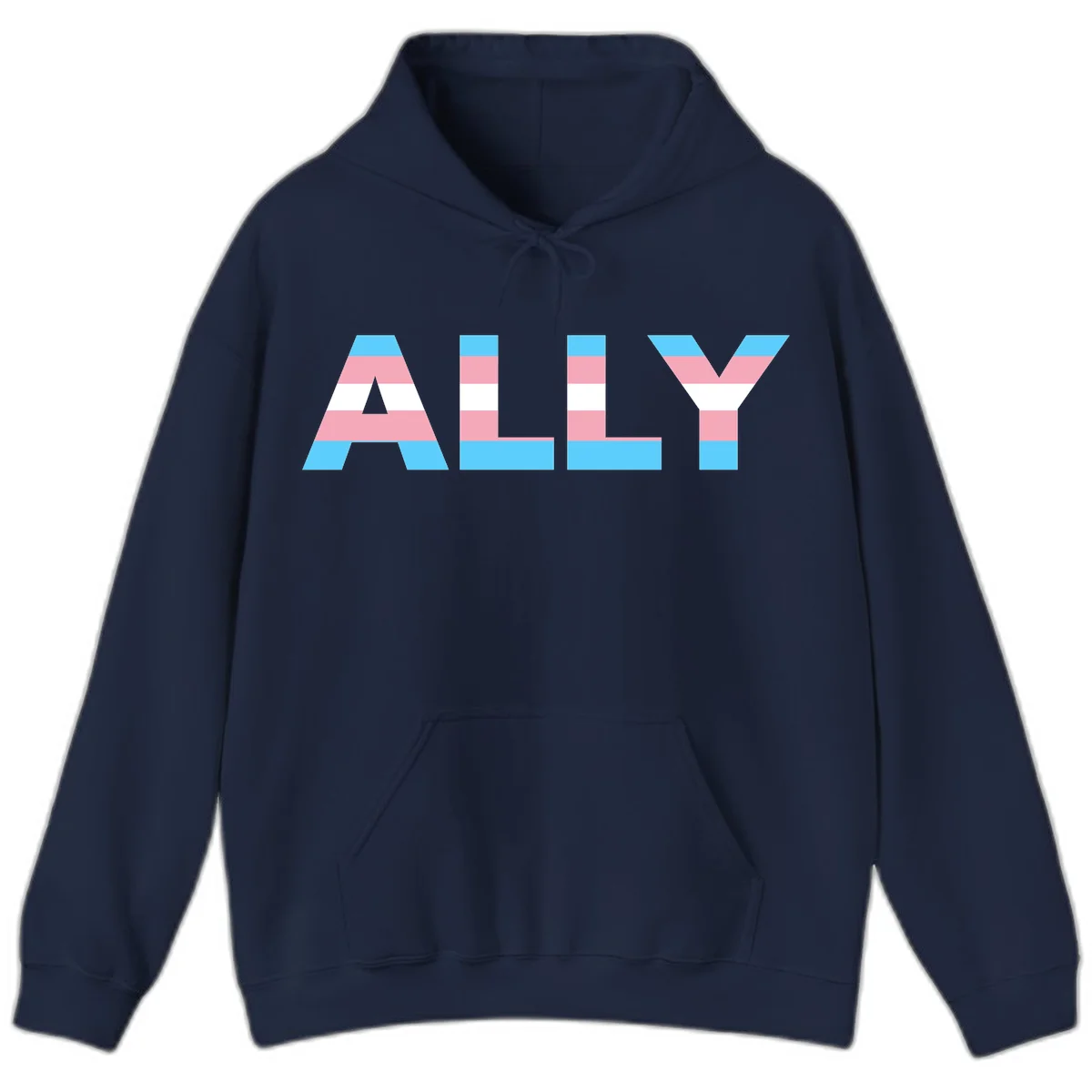 Trans pride flag colors in cyan, pink, and white horizontal stripes forming geometric letters spelling 'ALLY' in Navy