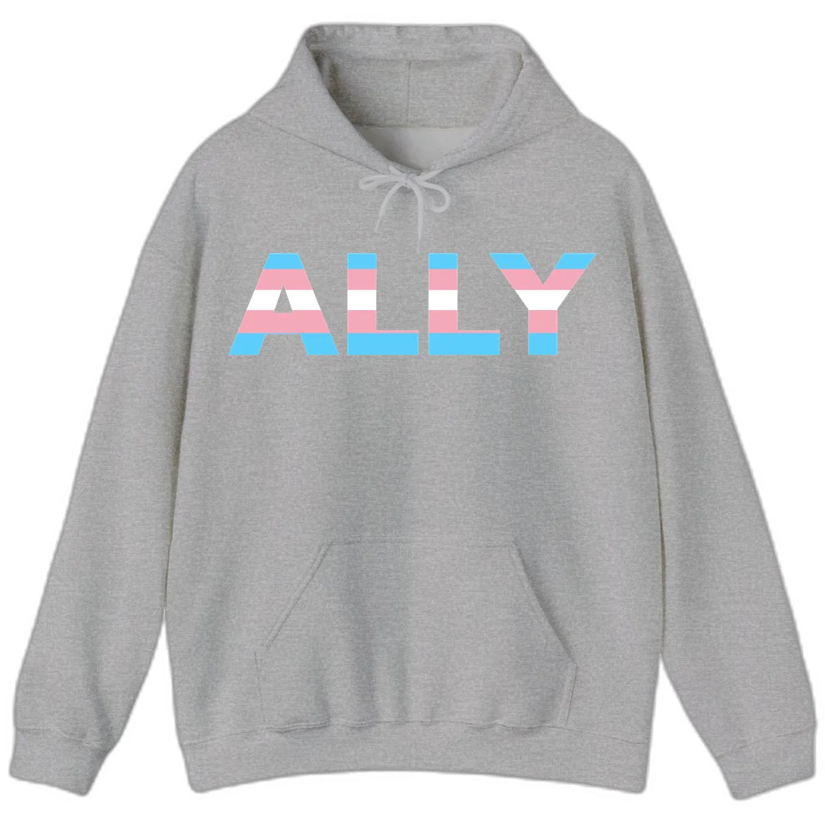 Trans pride flag colors in cyan, pink, and white horizontal stripes forming geometric letters spelling 'ALLY' in Sport Grey