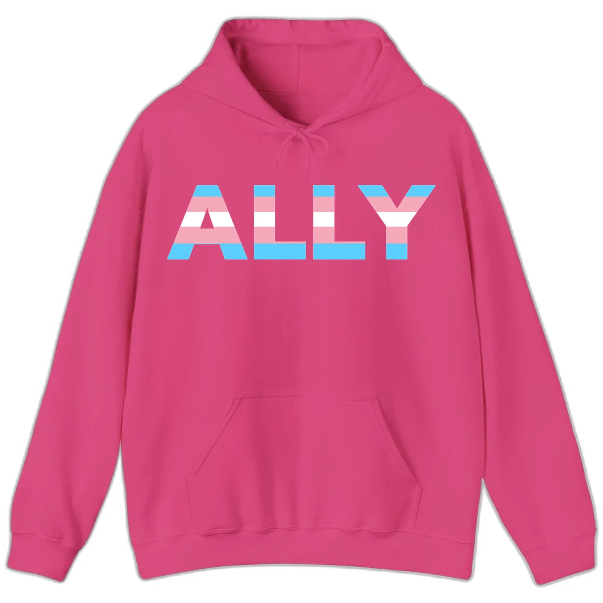 Trans pride flag colors in cyan, pink, and white horizontal stripes forming geometric letters spelling 'ALLY' in Heliconia