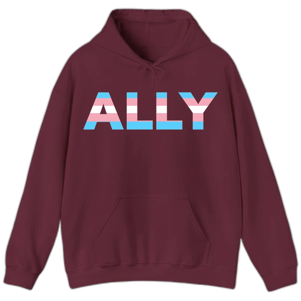 Trans pride flag colors in cyan, pink, and white horizontal stripes forming geometric letters spelling 'ALLY' in Maroon