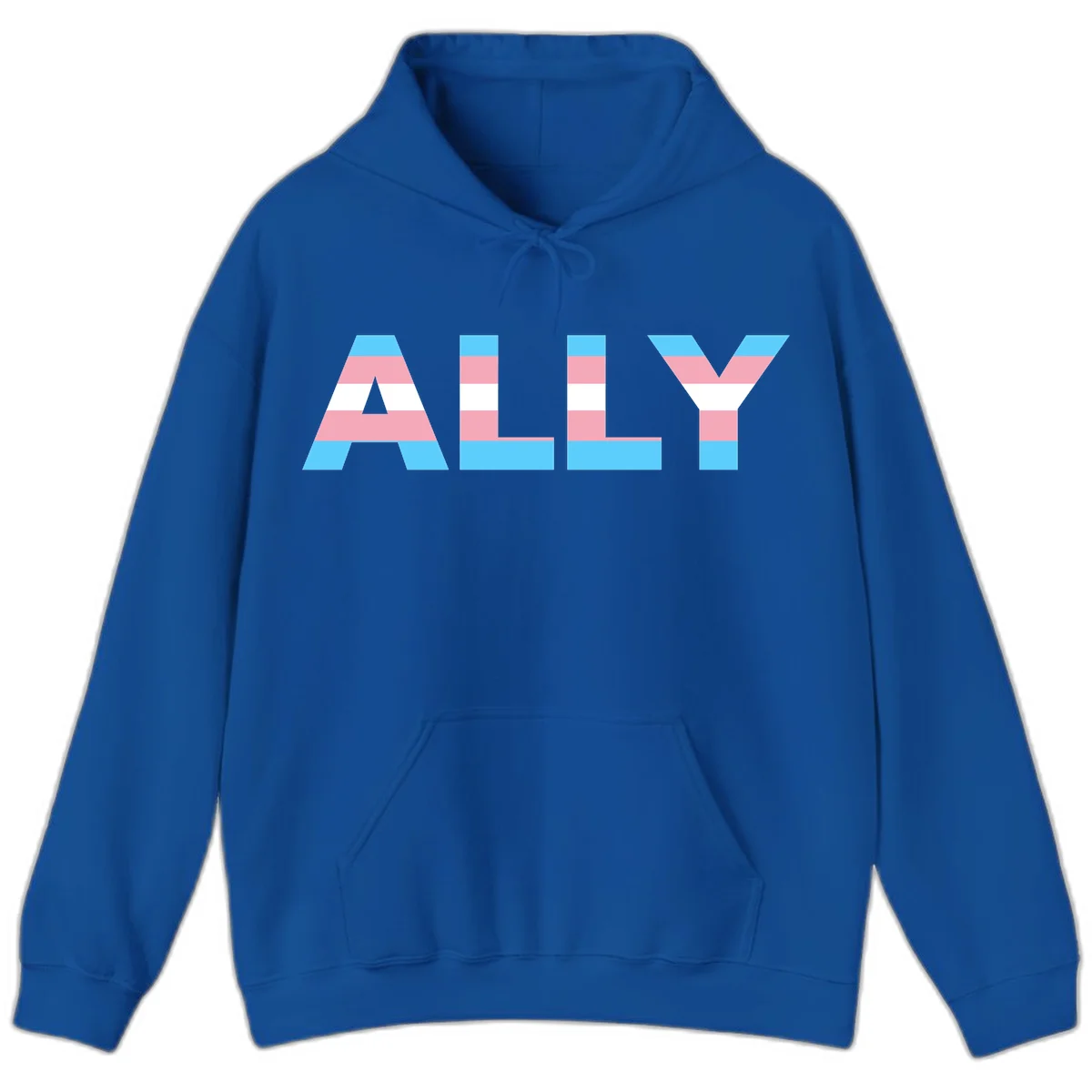 Trans pride flag colors in cyan, pink, and white horizontal stripes forming geometric letters spelling 'ALLY' in Royal
