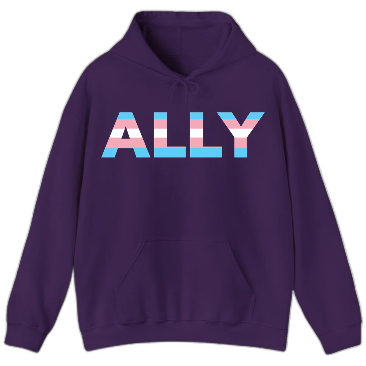 Trans pride flag colors in cyan, pink, and white horizontal stripes forming geometric letters spelling 'ALLY' in Purple