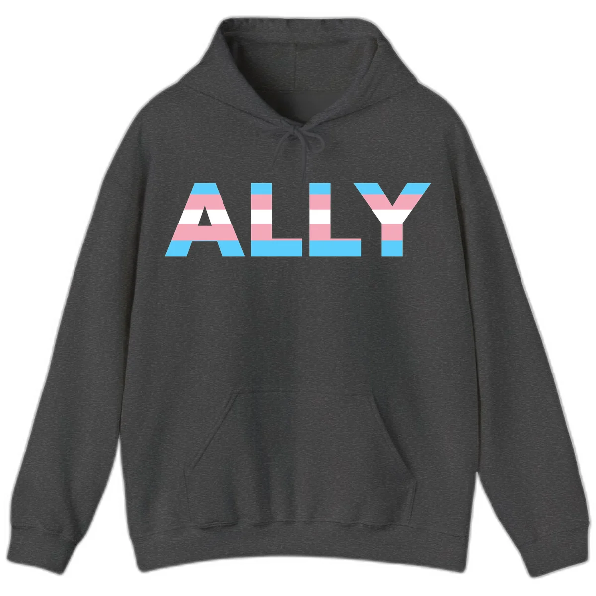 Trans pride flag colors in cyan, pink, and white horizontal stripes forming geometric letters spelling 'ALLY' in Dark Heather