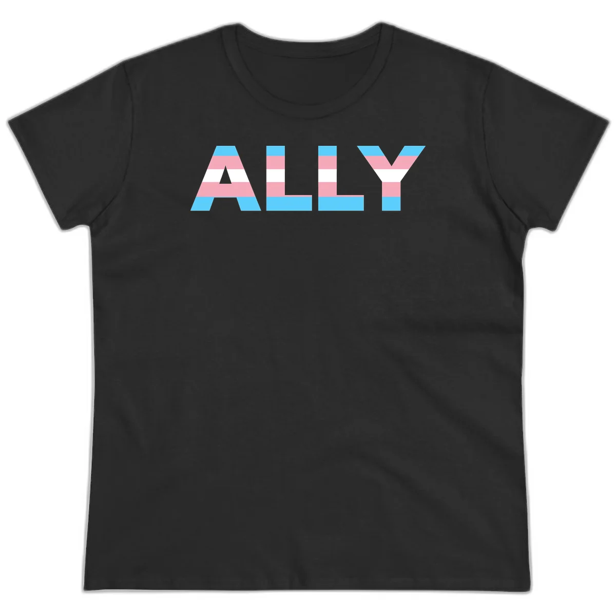 Trans pride flag colors in cyan, pink, and white horizontal stripes forming geometric letters spelling 'ALLY' in Black