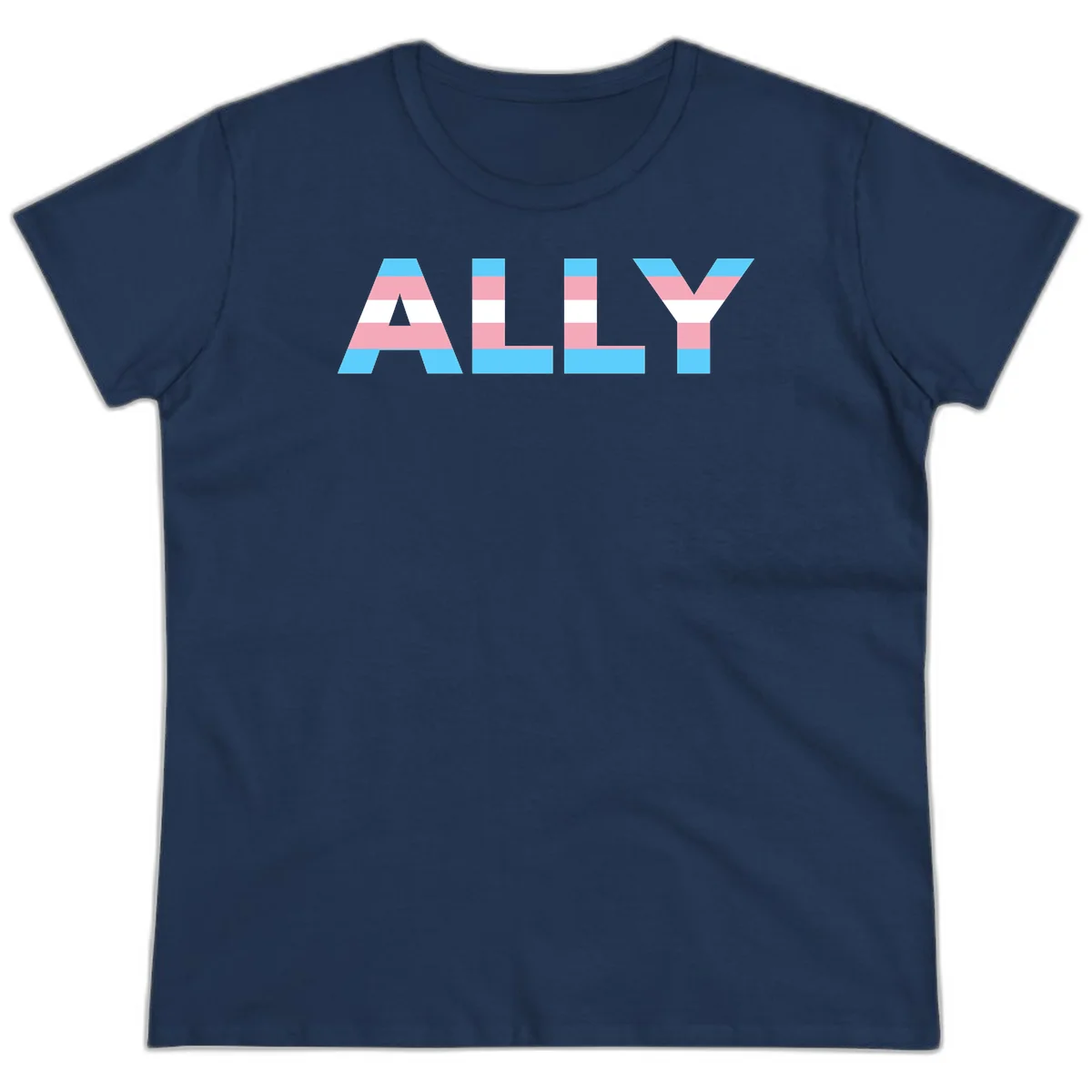Trans pride flag colors in cyan, pink, and white horizontal stripes forming geometric letters spelling 'ALLY' in Navy
