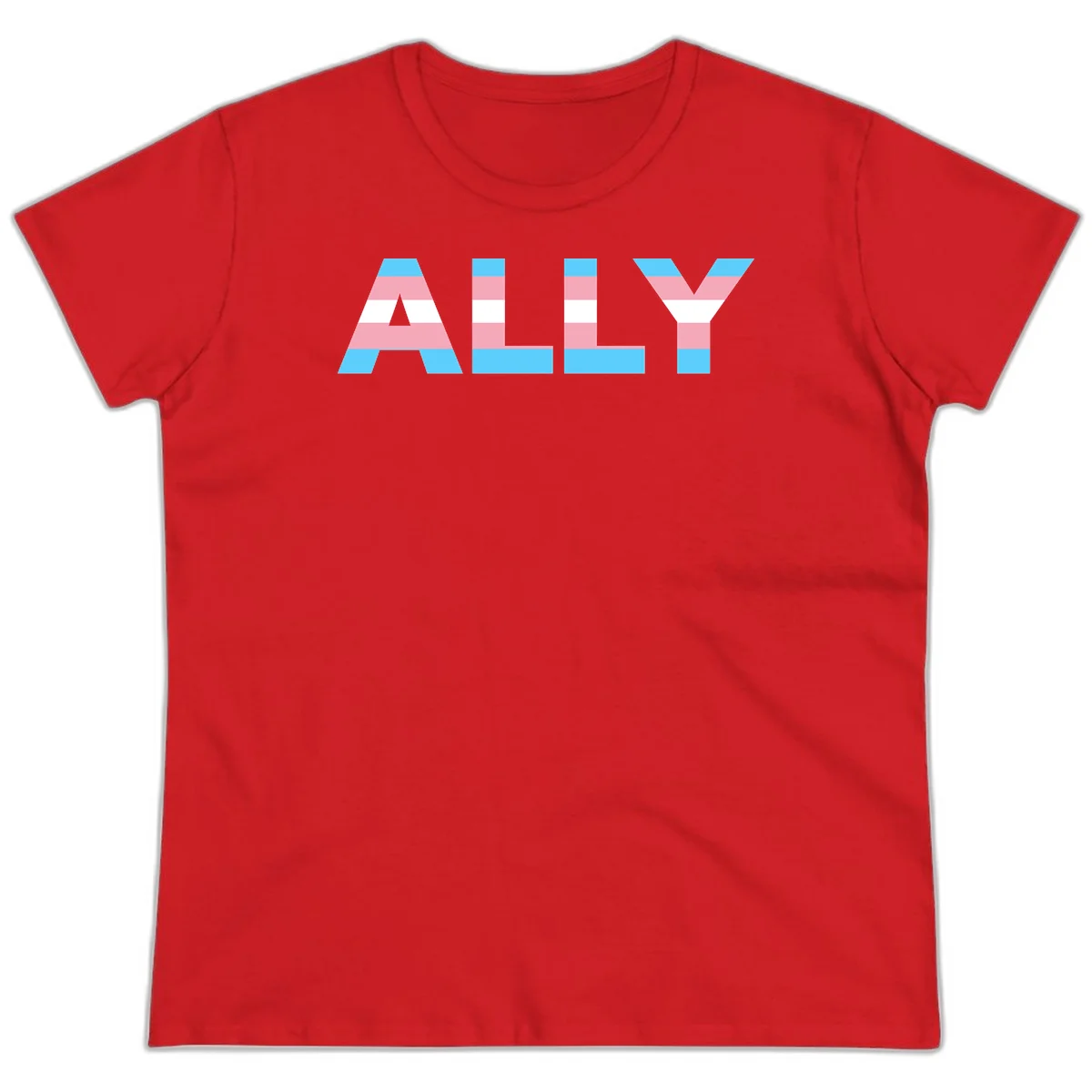 Trans pride flag colors in cyan, pink, and white horizontal stripes forming geometric letters spelling 'ALLY' in Red