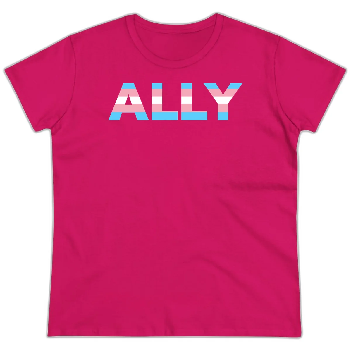 Trans pride flag colors in cyan, pink, and white horizontal stripes forming geometric letters spelling 'ALLY' in Heliconia