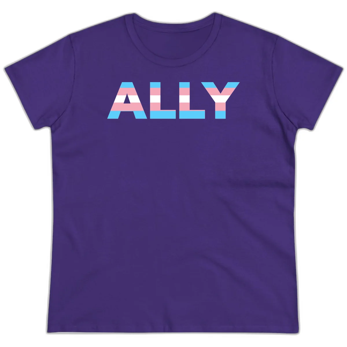 Trans pride flag colors in cyan, pink, and white horizontal stripes forming geometric letters spelling 'ALLY' in Purple