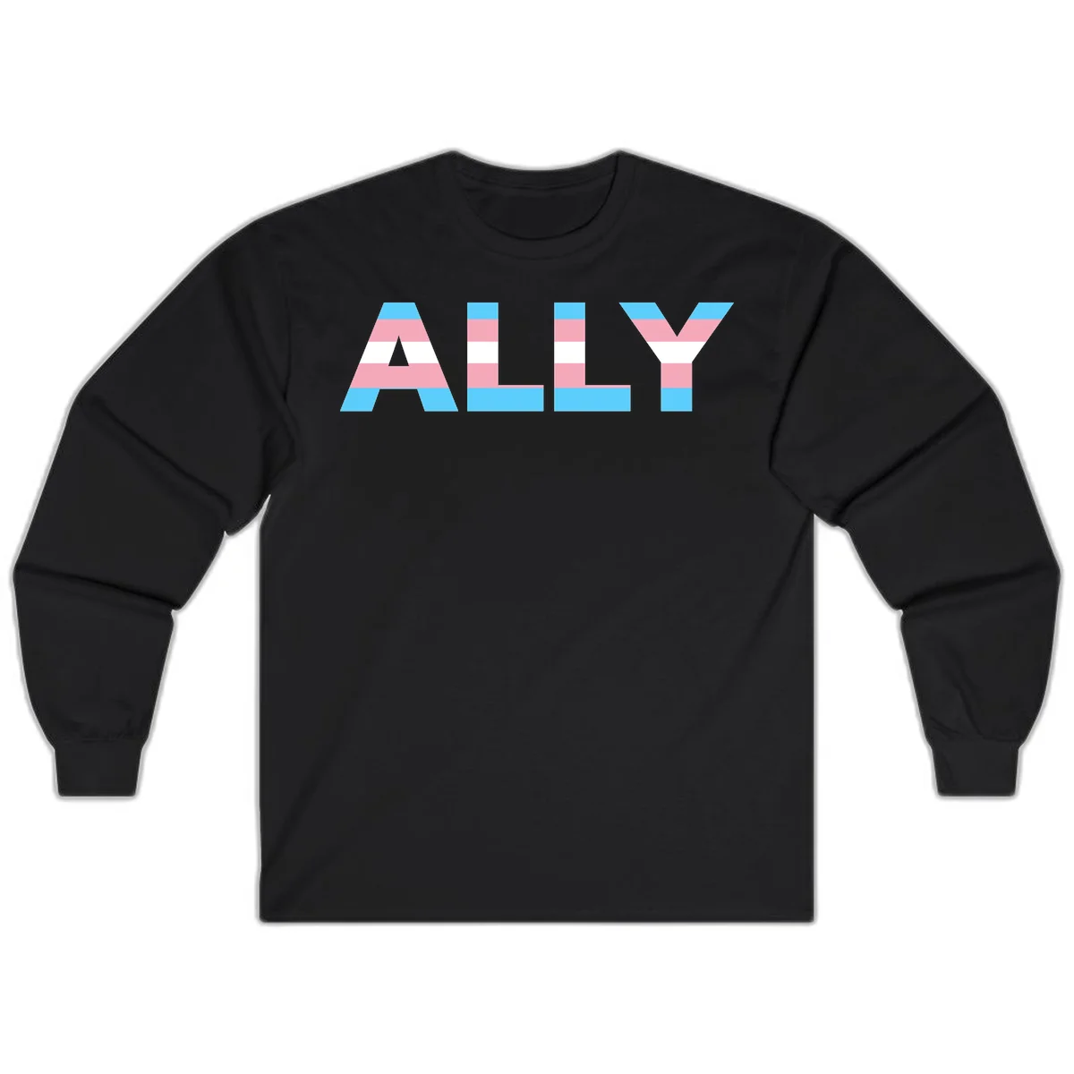 Trans pride flag colors in cyan, pink, and white horizontal stripes forming geometric letters spelling 'ALLY' in Black