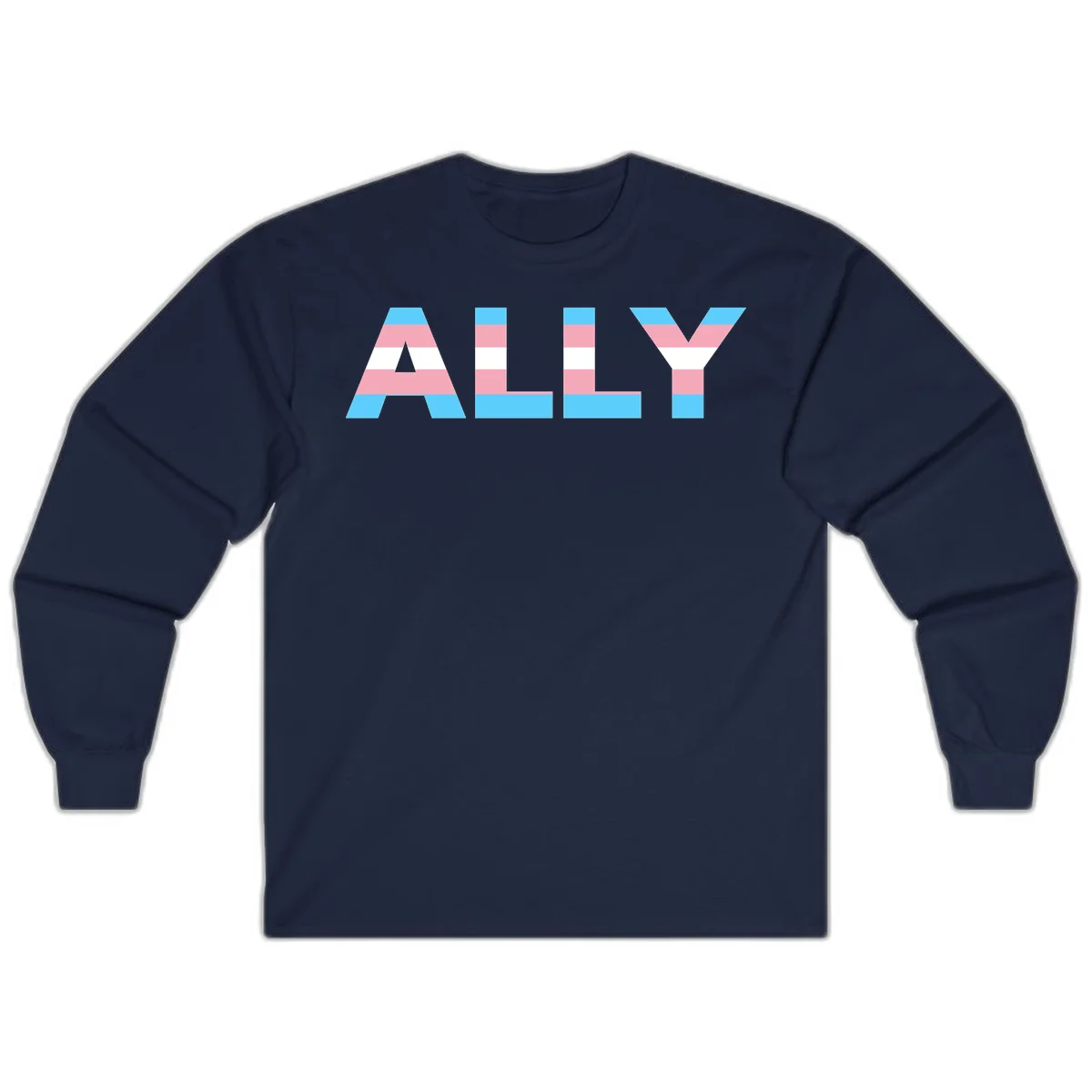 Trans pride flag colors in cyan, pink, and white horizontal stripes forming geometric letters spelling 'ALLY' in Navy