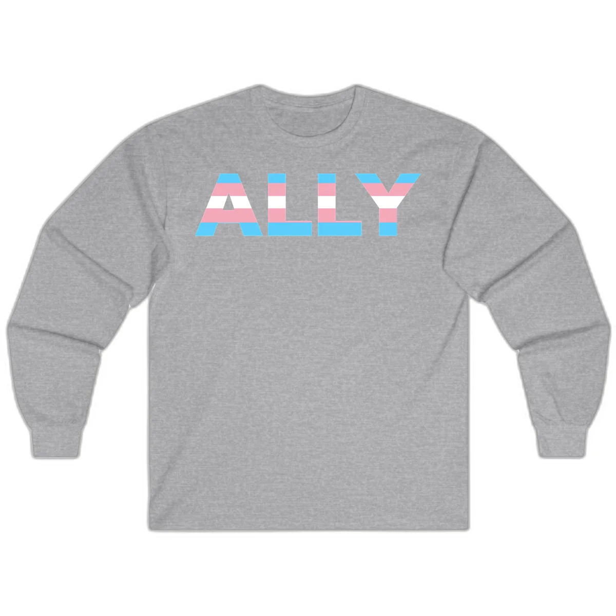 Trans pride flag colors in cyan, pink, and white horizontal stripes forming geometric letters spelling 'ALLY' in Sport Grey