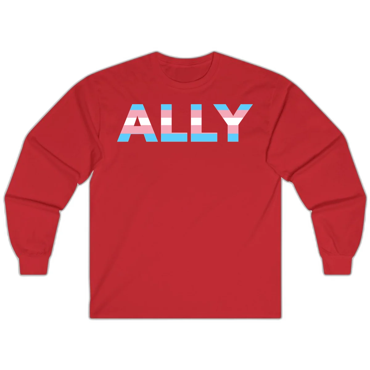 Trans pride flag colors in cyan, pink, and white horizontal stripes forming geometric letters spelling 'ALLY' in Red