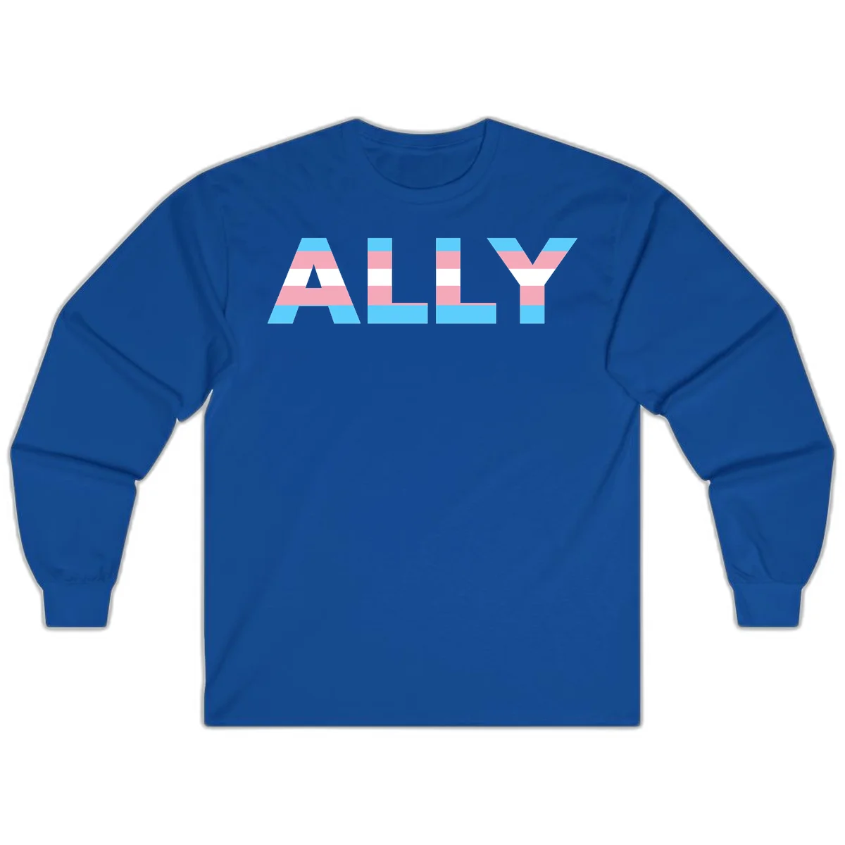 Trans pride flag colors in cyan, pink, and white horizontal stripes forming geometric letters spelling 'ALLY' in Royal