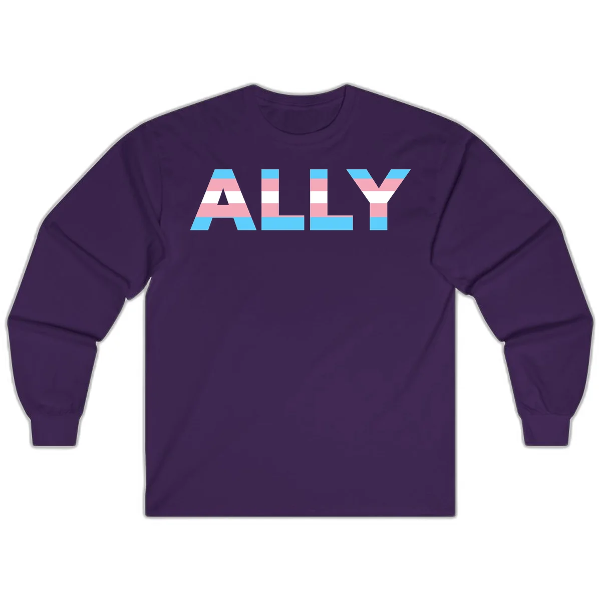 Trans pride flag colors in cyan, pink, and white horizontal stripes forming geometric letters spelling 'ALLY' in Purple