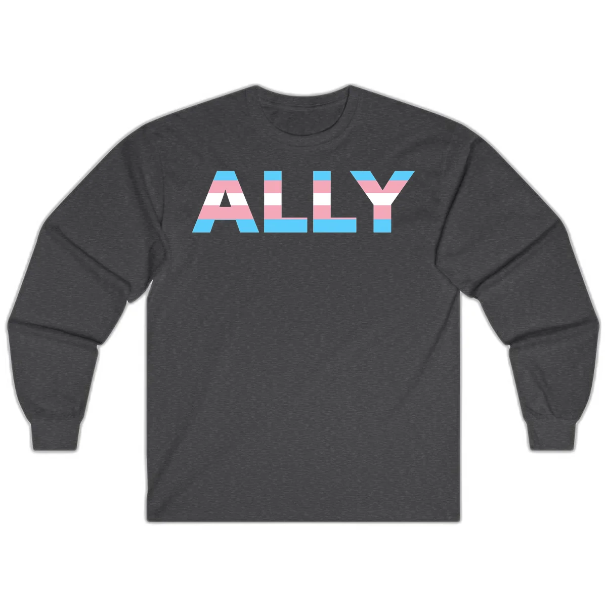 Trans pride flag colors in cyan, pink, and white horizontal stripes forming geometric letters spelling 'ALLY' in Dark Heather