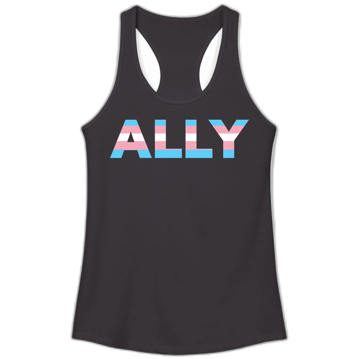 Trans pride flag colors in cyan, pink, and white horizontal stripes forming geometric letters spelling 'ALLY' in Black