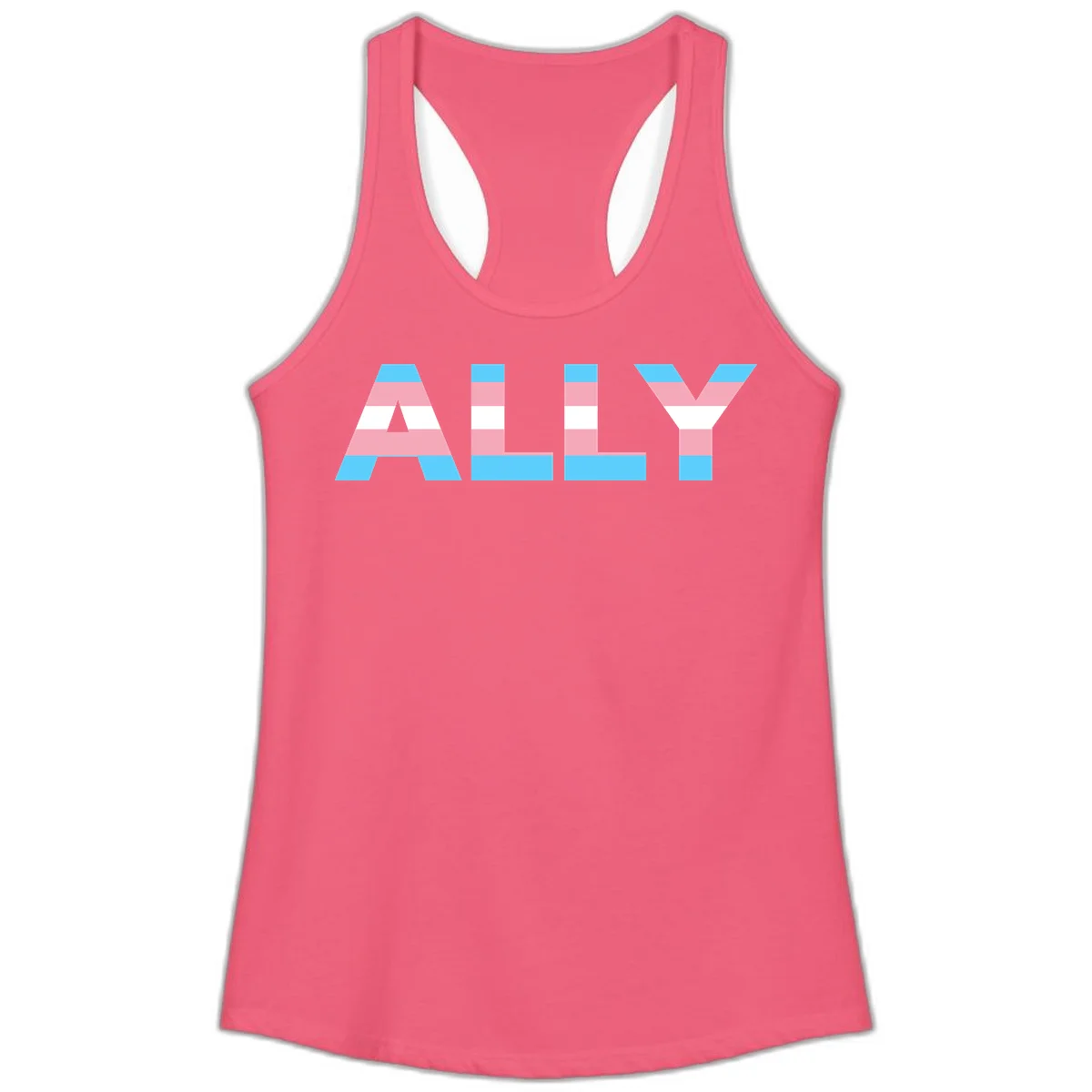 Trans pride flag colors in cyan, pink, and white horizontal stripes forming geometric letters spelling 'ALLY' in Hot Pink