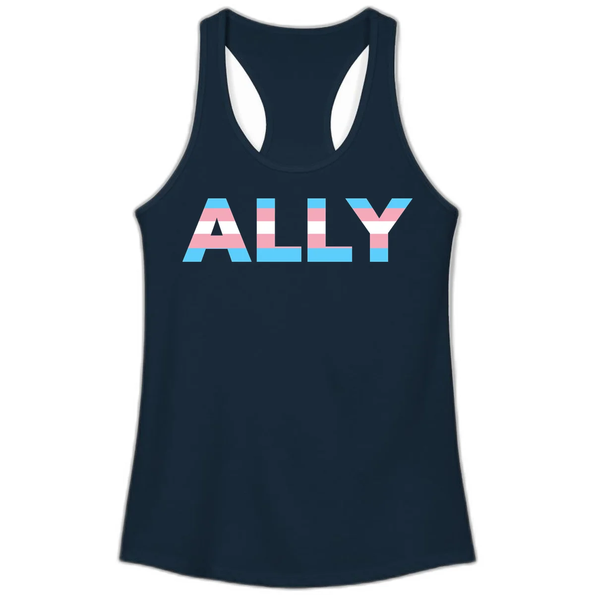 Trans pride flag colors in cyan, pink, and white horizontal stripes forming geometric letters spelling 'ALLY' in Solid Midnight Navy