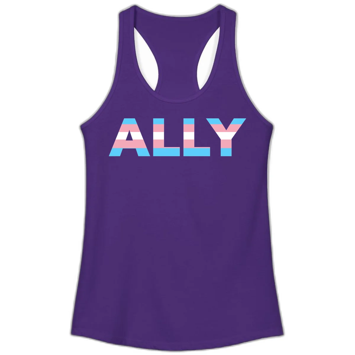Trans pride flag colors in cyan, pink, and white horizontal stripes forming geometric letters spelling 'ALLY' in Solid Purple Rush