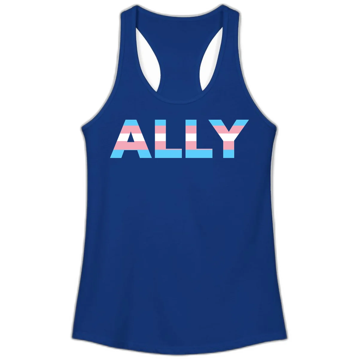 Trans pride flag colors in cyan, pink, and white horizontal stripes forming geometric letters spelling 'ALLY' in Solid Royal