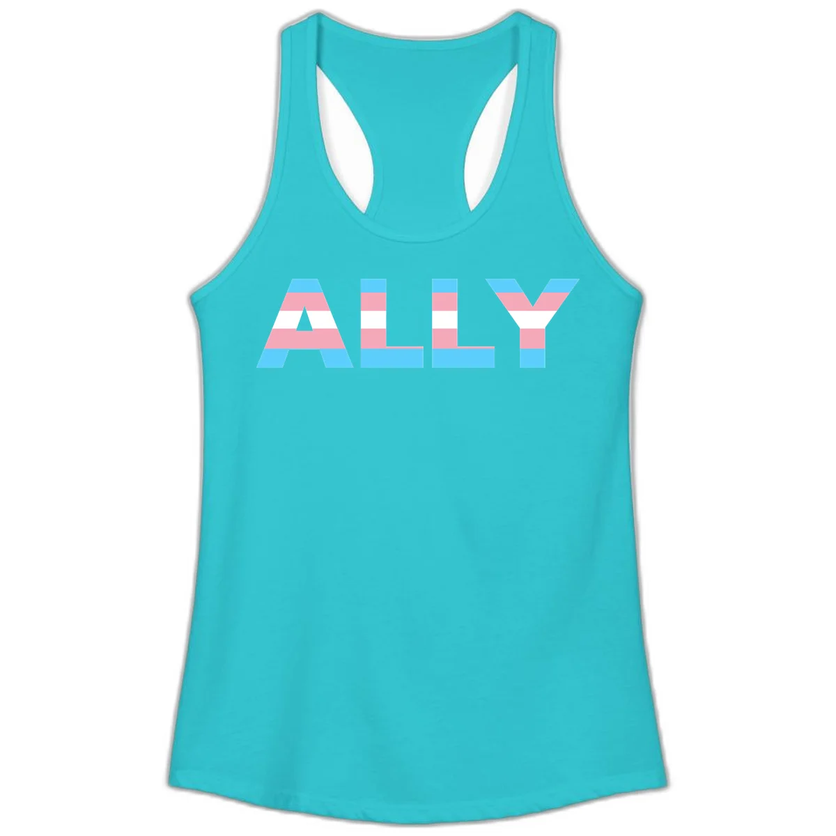 Trans pride flag colors in cyan, pink, and white horizontal stripes forming geometric letters spelling 'ALLY' in Solid Tahiti Blue