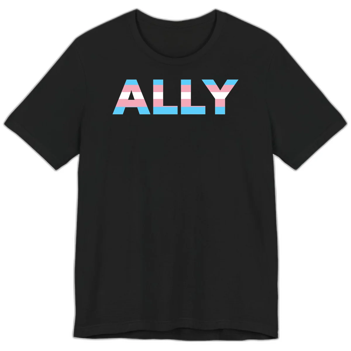 Trans pride flag colors in cyan, pink, and white horizontal stripes forming geometric letters spelling 'ALLY' in Black