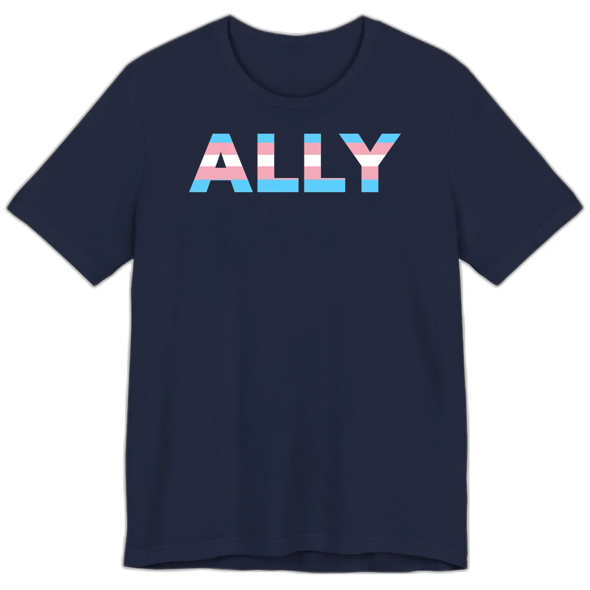 Trans pride flag colors in cyan, pink, and white horizontal stripes forming geometric letters spelling 'ALLY' in Navy