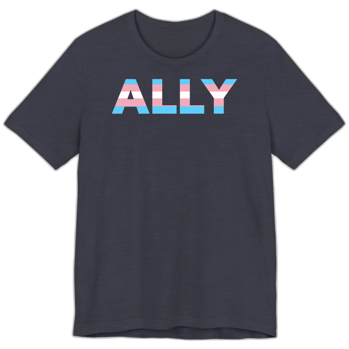 Trans pride flag colors in cyan, pink, and white horizontal stripes forming geometric letters spelling 'ALLY' in Heather Midnight Navy