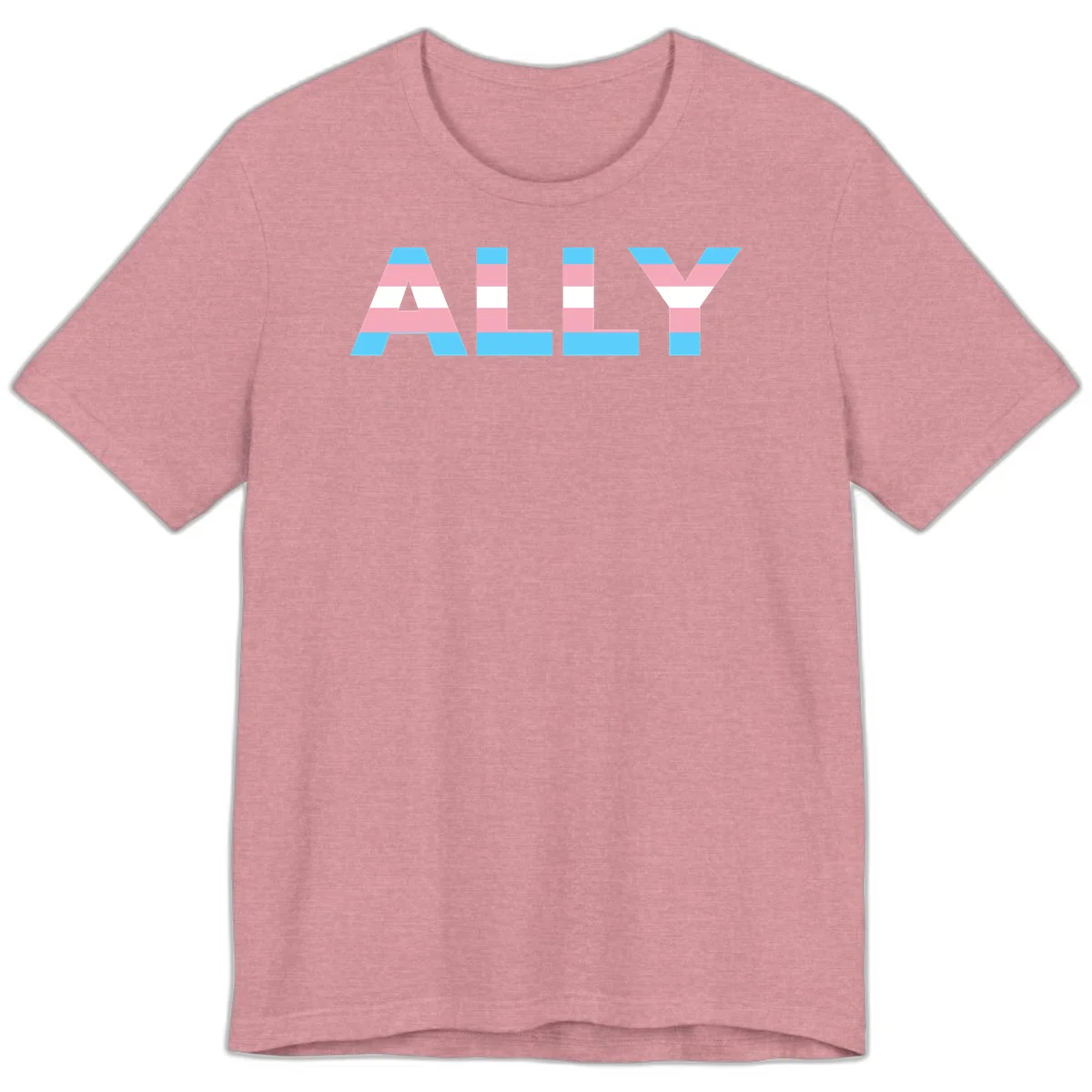 Trans pride flag colors in cyan, pink, and white horizontal stripes forming geometric letters spelling 'ALLY' in Heather Orchid
