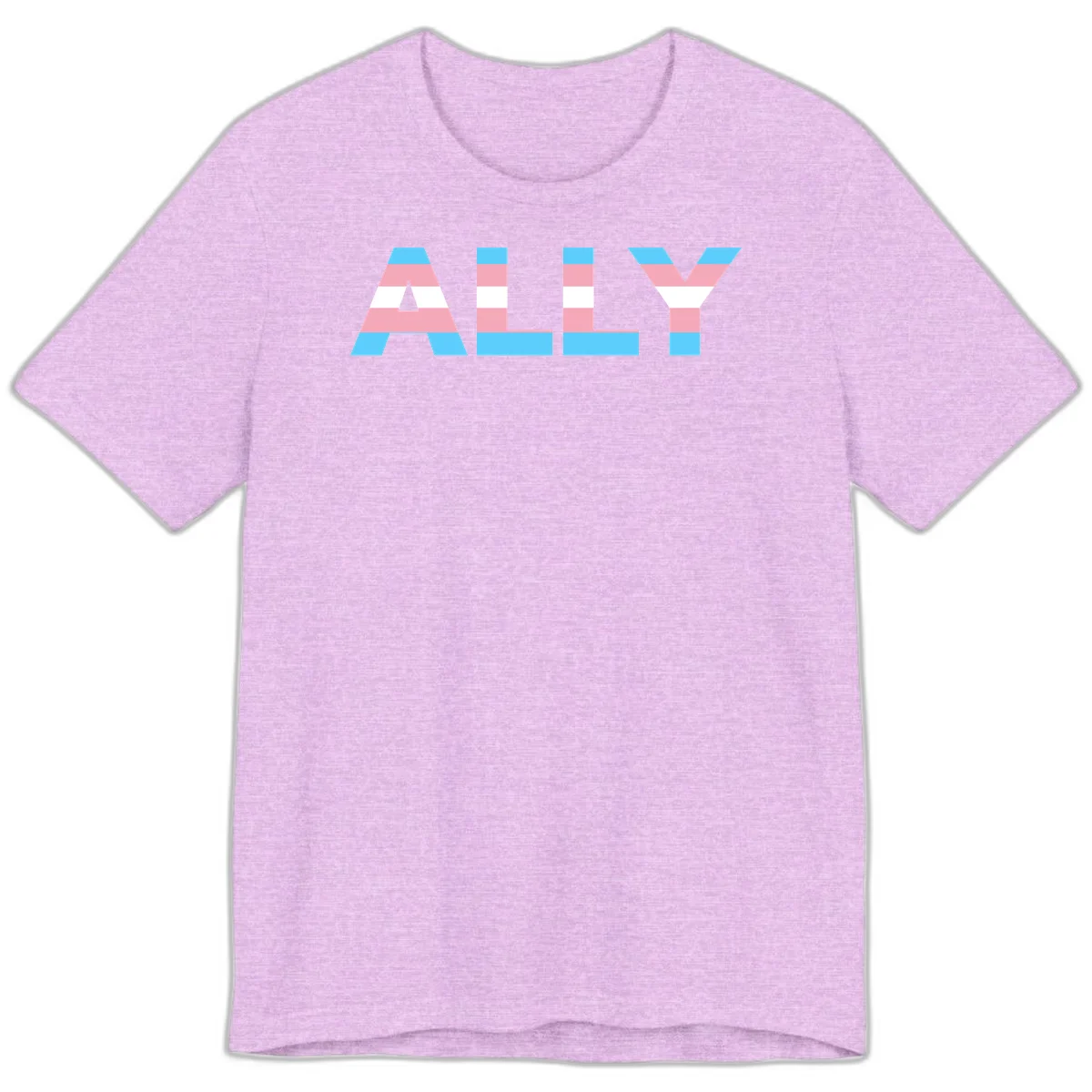 Trans pride flag colors in cyan, pink, and white horizontal stripes forming geometric letters spelling 'ALLY' in Heather Prism Lilac