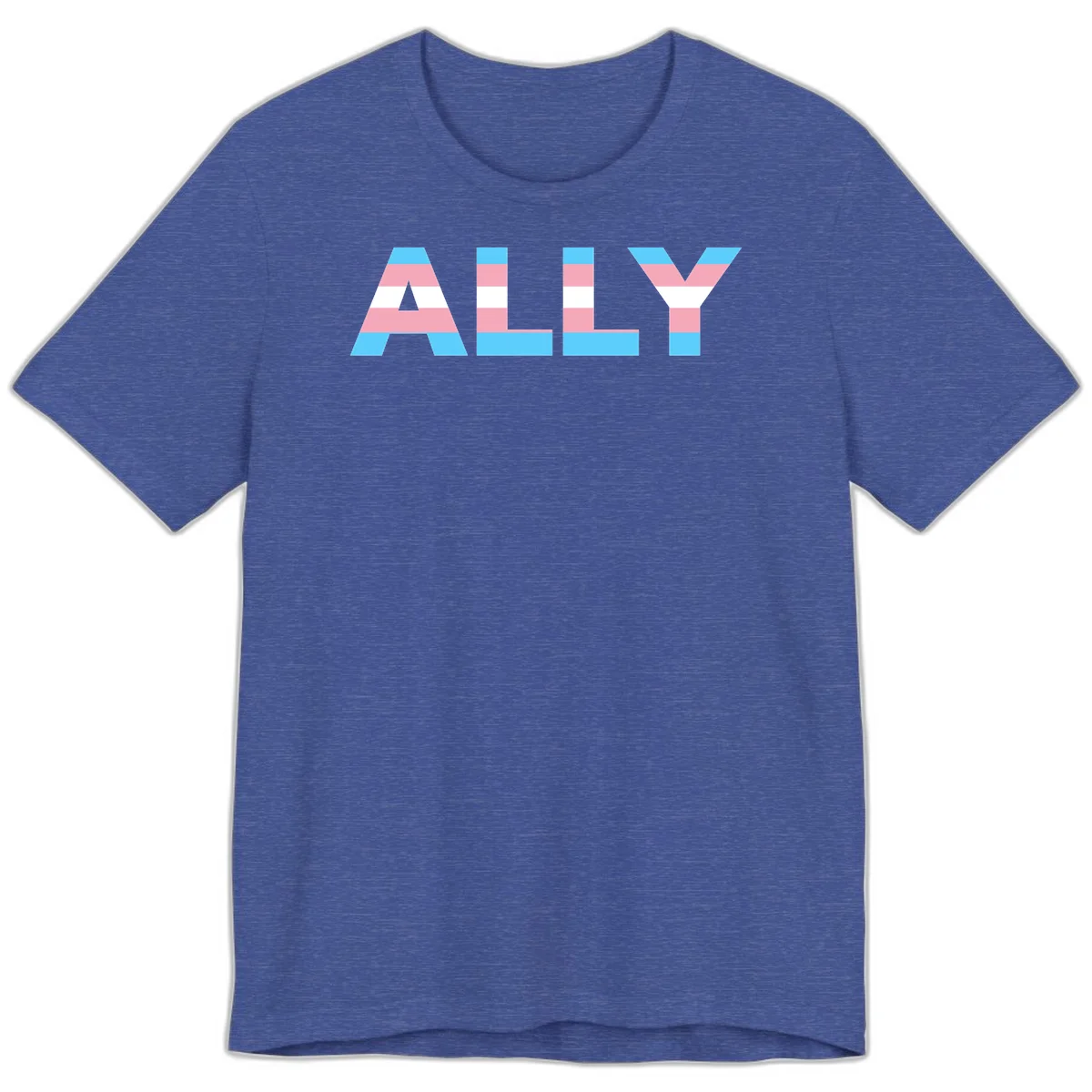 Trans pride flag colors in cyan, pink, and white horizontal stripes forming geometric letters spelling 'ALLY' in Heather True Royal