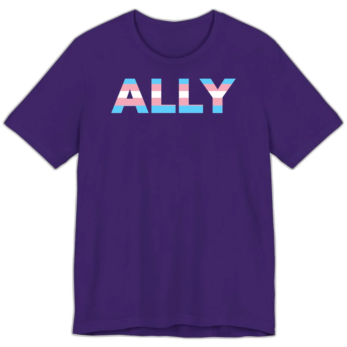 Trans pride flag colors in cyan, pink, and white horizontal stripes forming geometric letters spelling 'ALLY' in Team Purple