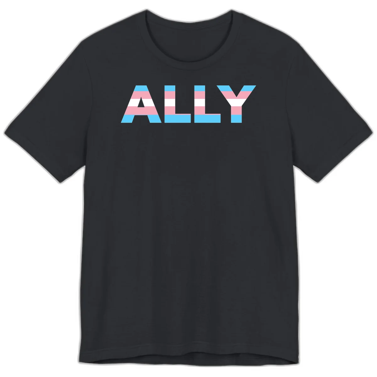 Trans pride flag colors in cyan, pink, and white horizontal stripes forming geometric letters spelling 'ALLY' in Vintage Black