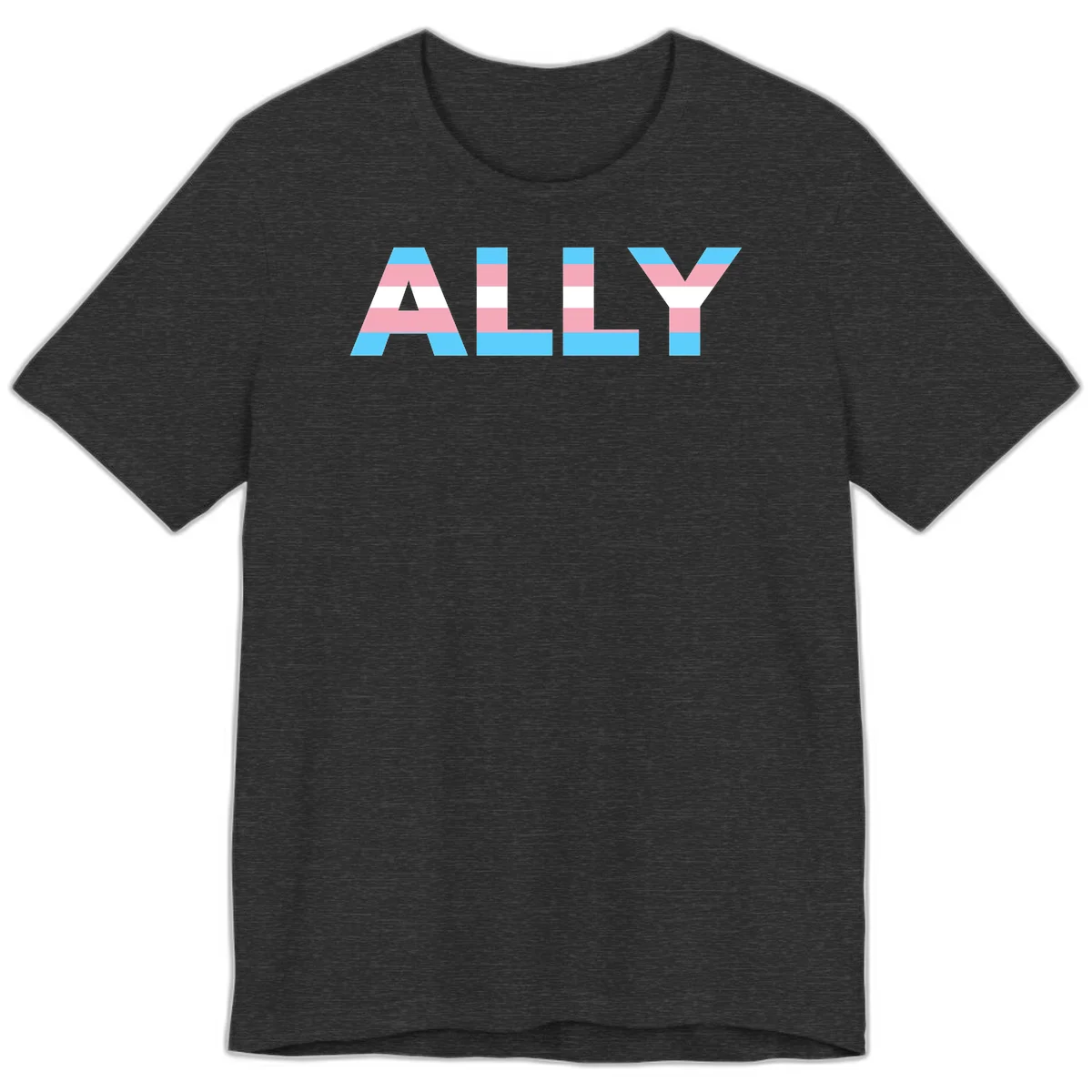 Trans pride flag colors in cyan, pink, and white horizontal stripes forming geometric letters spelling 'ALLY' in Dark Grey Heather