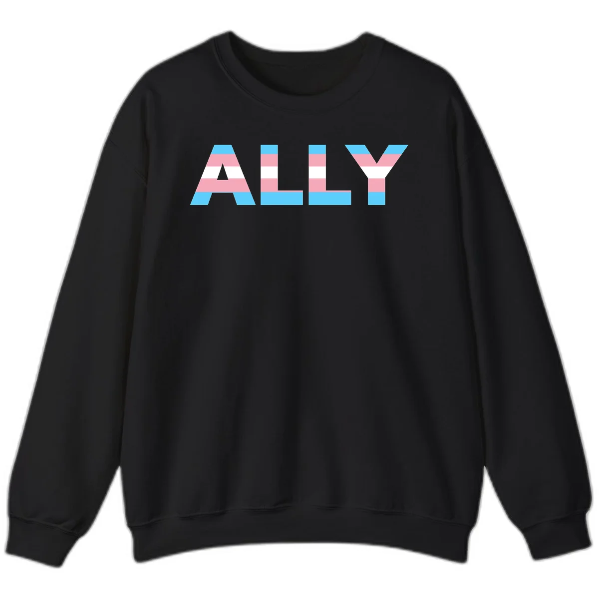 Trans pride flag colors in cyan, pink, and white horizontal stripes forming geometric letters spelling 'ALLY' in Black